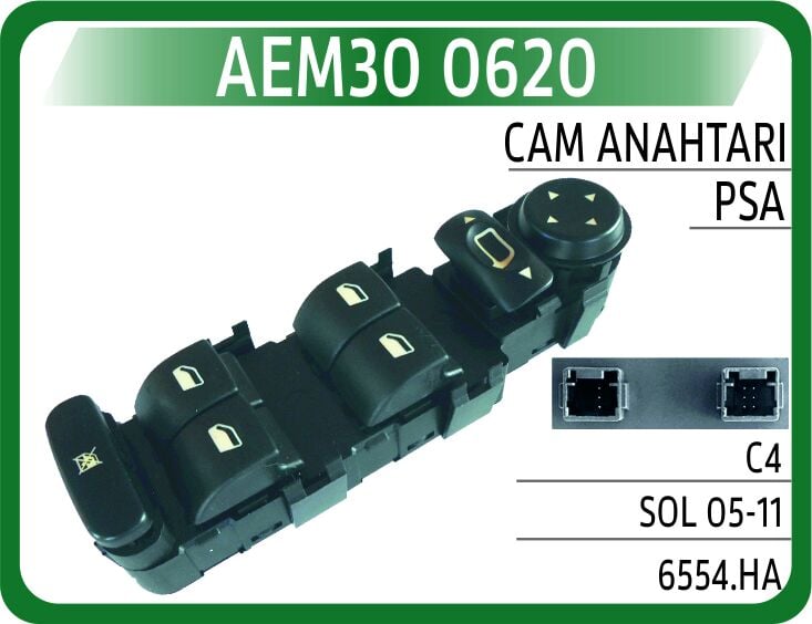 AEM30 0620 CAM AÇMA ANAHTARI CITROEN C4 SOL 04-11 DÖRTLÜ- AYNA AYARLI ÇERÇEVESİZ - Görsel 1
