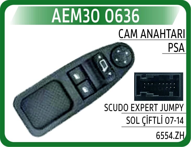 AEM30 0636 CAM AÇMA ANAHTARI ÖN SOL PEUGEOT EXPERT III-CITROEN JUMPY III-FIAT SCUDO III 07- AYNA KUMANDALI 12 FİŞLİ - Görsel 1