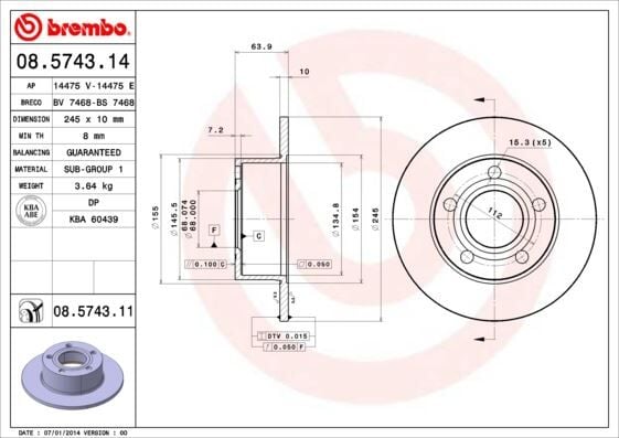 BREMBO 08574311 ARKA FREN AYNASI PASSAT- 96-05 AUDI100 90-94 A6 1.8T-1.9TDI 94-05 SUPERB 02-08 245x10x5DL 986478132-986479B22-DF2651 - Görsel 1