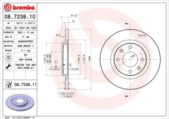 BREMBO 08723810 ÖN FREN AYNASI C2 1.4 1.4 HDİ 03 >C3 1.4 1.4HDI 02 > PARTNER-BERLINGO 1.4 1.9 D 2.0HDI 266x13x4DL - Görsel 1
