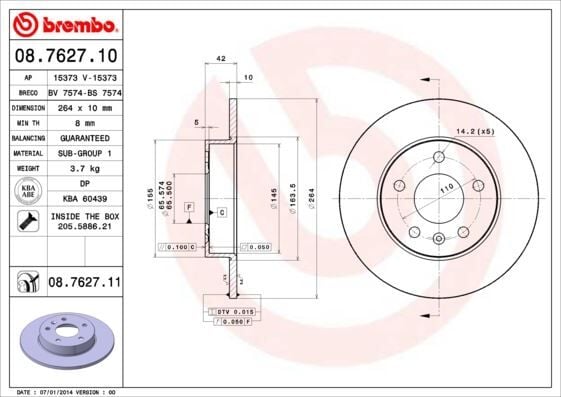 BREMBO 08762710 ARKA FREN AYNASI ASTRA H-COMBO C 02> MERIVA A-B 03> ASTRA G 1.8-2.0 98> ZAFIRA A 264x10x5DL - Görsel 1