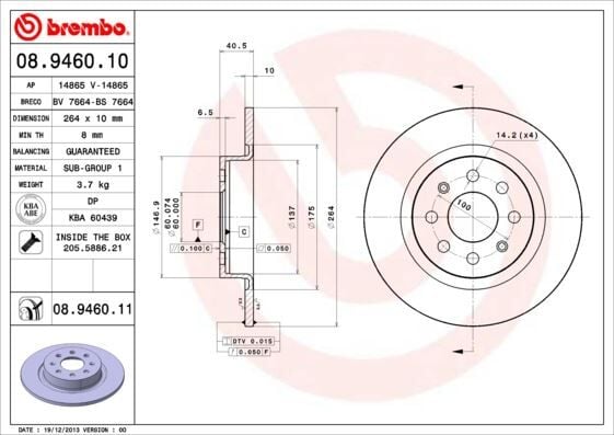 BREMBO 08946011 ARKA FREN AYNASI CORSA E 14> ADAM 13> PUNTO EVO-GRANDE PUNTO 05> 264x10x4DLxHAVALI 15 İNÇ 55700592 - Görsel 1
