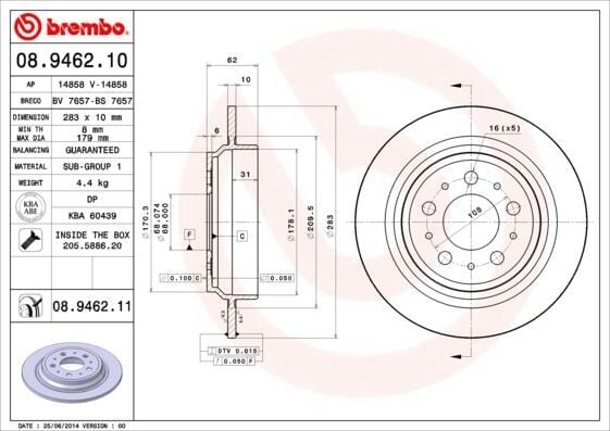 BREMBO 08946211 ARKA FREN DISK AYNA VOLVO S70 96>00 V70 96>00 XC70 99>04 - Görsel 1