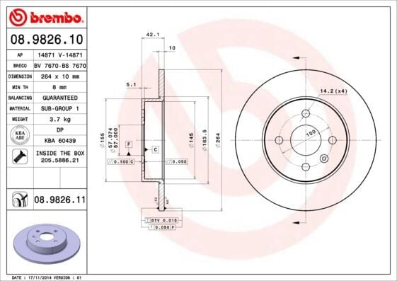 BREMBO 08982610 ARKA FREN AYNASI ASTRA H L67 04>14 COMBO C 01>11 MERIVA A 03>10 264x10x4DL DOLU - Görsel 1