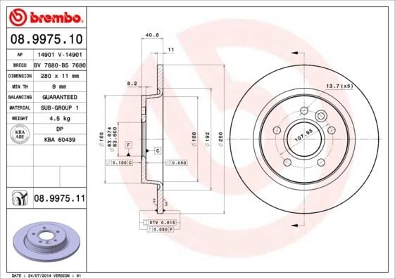 BREMBO 08997510 ARKA FREN DISKI AYNA FOCUS II04>11 C-MAX 07>09 VOLVO V50 04>12 C30 06>12 C70 II 05>13 S40 II 04>04>12 17 JANT - 16 JANT DÜZ 280mm 5 BİJON - Görsel 1