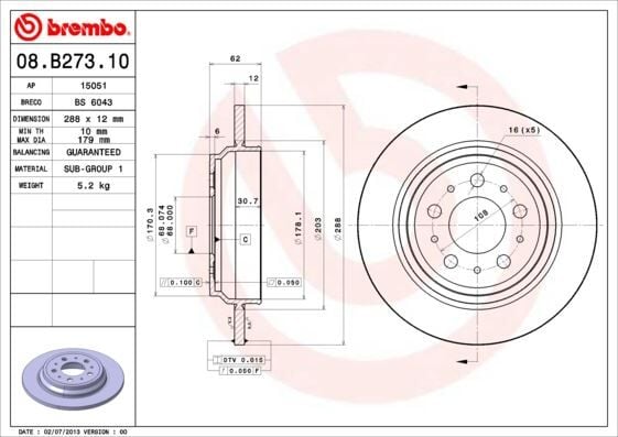 BREMBO 08B27310 ARKA FREN AYNASI VOLVO S60 01-10 S70 01-05 S80 98-06 XC70 00-07 288x12x5DL DELYKLY - Görsel 1