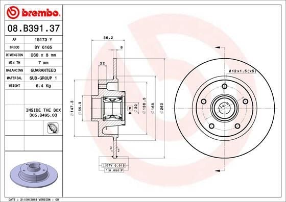 BREMBO 08B39137 ARKA FREN DİSKİ RENAULT MEGANE IV 15> DIŞ CAP: 260 MM K:86 MM 5 DELİK - Görsel 1