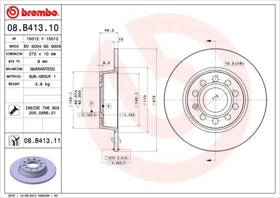 BREMBO 08B41310 ARKA FREN AYNASI JETTA III-GOLF VI-CADDY 10>SCIROCCO 08>A1 01>A3 04>ALTEA 06>OCTAVIA 04> 272x9.7x9DL 986479677-986479C20-DF7911 - Görsel 1