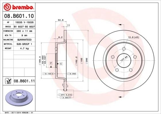 BREMBO 08B60110 FREN DİSKİ ARKA FORD FOCUS-KUGA-CONNECT 11> ÇAP:280mm MERKEZLEME CAPI 63.5 mm YUKSEKLIK 50.8 mm 5 Delik DIS CAP 279.8 - Görsel 1