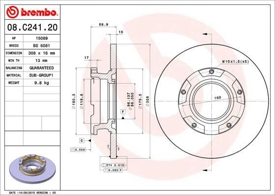BREMBO 08C24120 ARKA FREN DISK AYNASI TRANSIT CUSTOM V362 12> ABS LI O.CEKER CAP 308 16 ORD TRANSIT CUSTOM V362 Van FY. FZ 09/12-> / FORD TRANSIT V363 Bus FAD. FBD 08/13-> / FORD TRANS - Görsel 1