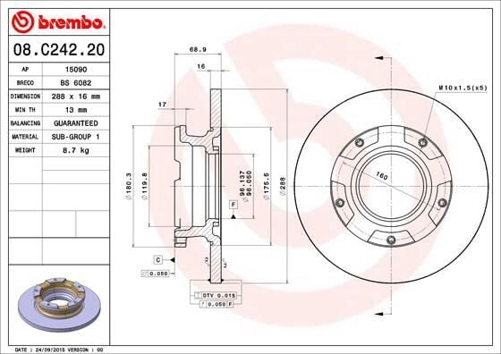 BREMBO 08C24220 ARKA FREN DISK AYNASI TRANSIT CUSTOM V362 2.2TDCI 12> CAP 288 16 - Görsel 1