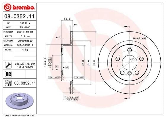 BREMBO 08C35211 FREN DISKI ARKA BMW F40 F44 F45 F46 F48 F39 F70 F74 U06 U11 U10 . MINI F54 F55 F56 F57 F60 F65 F66 F 67 - Görsel 1