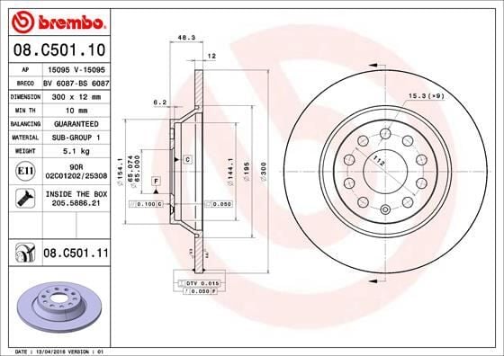 BREMBO 08C50111 FREN DİSKİ ARKA VW GOLF 7 13>20 ARTEON 17>20 PASSAT B8 15>20 TIGUAN 16>24 SKODA KODIAQ 16>SUPERB III 15>24 SEAT TARRACO 18>24 AUDI Q3 19> A3 14>20 - Görsel 1