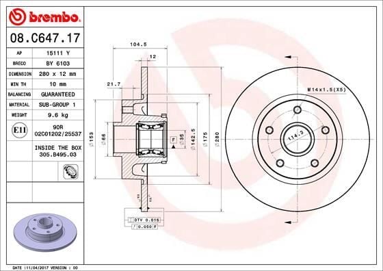 BREMBO 08C64717 ARKA FREN DİSKİ RENAULT TRAFIC III 14> OPEL VIVARO B 15> DIŞ ÇAP:280 MM 5 DELİK - Görsel 1