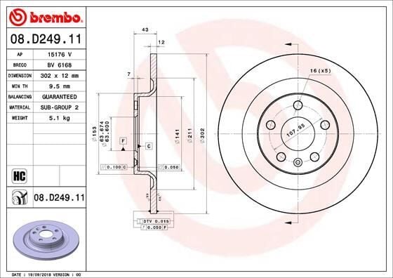 BREMBO 08D24911 ARKA FREN AYNASI VOLVO S60 III-19 > V60 18 >V90 16 > XC60 17 > S90 16 > 302x5DL 16 İNÇ - Görsel 1