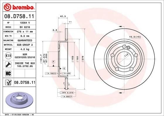 BREMBO 08D75811 FREN DISKI ARKA MERCEDES W177 W247 C118 X118 - Görsel 1
