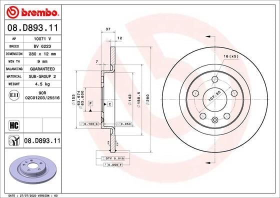 BREMBO 08D89311 ARKA FREN AYNASI VOLVO XC40 2017 >2020 > CAP 280 X5 BJN - Görsel 1