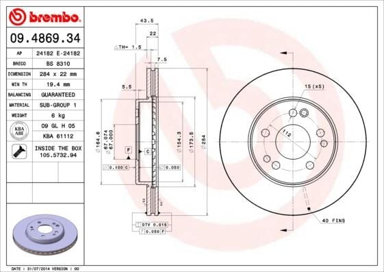 BREMBO 09486934 FREN DISKI ON MERCEDES W201 W124 S124 C124 A124 R107 - Görsel 1