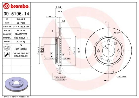 BREMBO 09519614 ÖN FREN AYNASI P106 I-II 91-02 206 98 >306 93-01 SAXO 96-03 XSARA 97-00 247.5x20.4x4DLxHAVALI - Görsel 1