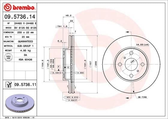 BREMBO 09573614 ÖN FREN DİSKİ HAVA KANALLI TOYOTA COROLLA 1.6L 4A-FE enjeksiyonlu AE101 AE111 92-00 255 çap x 4 bijon - Adet disk fiyatıdır - Görsel 1
