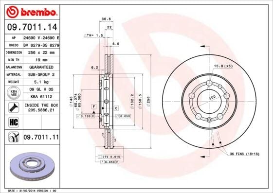 BREMBO 09701114 ÖN FREN AYNASI GOLF IV-POLO 01>BORA 99-05 LEON 99-06 TOLEDO II IBIZA IV-V A3 96> 256x22x5DLxHAVALI 986478853-DF2803-DF2803BP - Görsel 1