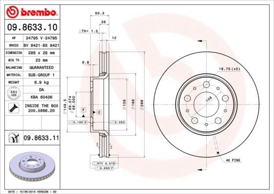 BREMBO 09863311 ÖN FREN AYNASI VOLVO S60 00-10 S80 98-06 V70 97-07 XC70 00-07 285x5DL KÜÇÜK TİP - Görsel 1