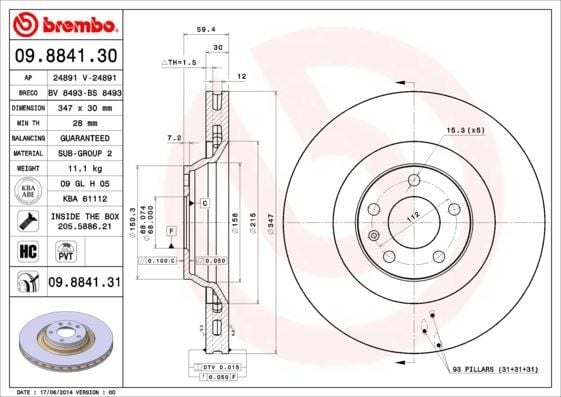 BREMBO 09884131 ÖN FREN AYNASI HAVALI A6-A6 AVANT 4F5-A6 ALLROAD 4FH 2.0 TFSI/2.4/2.4 QUATTRO/2.8 FSI/2.8 FSI QU 986479260-DF4695S - Görsel 1