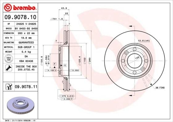 BREMBO 09907810 ÖN FREN AYNASI RENAULT MEGANE II 02> CLIO III 05>MODUS 04>MICRA 03>LOGAN 04>NOTE 06> 260x22x4DLxHAV ALI - Görsel 1