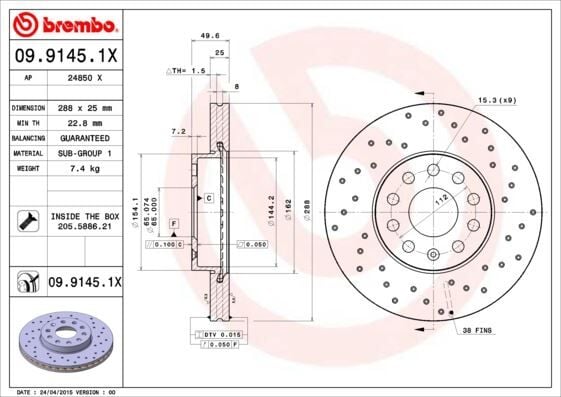 BREMBO 0991451X FREN DİSKİ ÖN VW CADDY-PASSAT-GOLF 5/6/7- SKODA OCTAVIA FORD CONNECT 23> ÇAP: 288mm. KALINLIK: 25mm Delik: 9 - Görsel 1