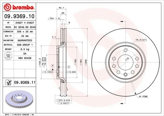 BREMBO 09936910 ÖN FREN AYNASI ASTRA H-ZAFIRA B-MERIVA A-B-CORSA D-E-ADAM-ASTRA G-VECTRA B 308x25x5DLxHAVALI 16 İNÇ - Görsel 1