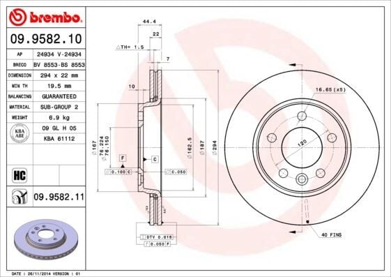 BREMBO 09958210 ARKA FREN AYNASI HAVALI TRANSPORTER T5 1.9 TDİ 2.0 2.5 TDİ 04/03>MULTIVAN 4.03> 294x21.9x5DLxHAVAL 986479097-DF4312 - Görsel 1