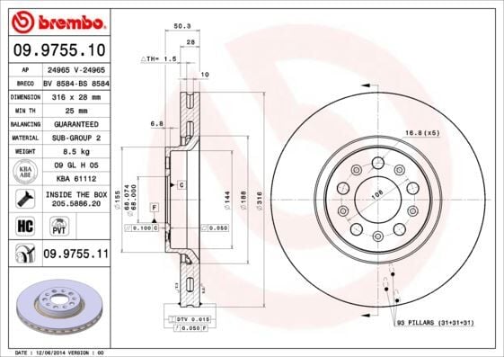 BREMBO 09975511 ON FREN DISK AYNA VOLVO S60 I 2.0 T -2.4 00>10 V70 II 2.4 05>08 XC90 I D3 / D5 09>14 - Görsel 1