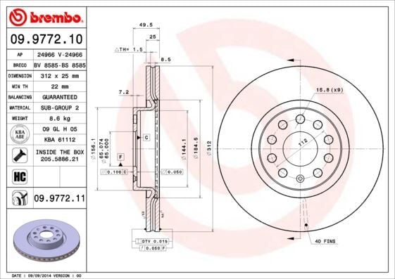 BREMBO 09977210 FREN DİSKİ ÖN VW PASSAT-GOLF5-GOLF6-GOLF7-CADDY-A3-LEON-FORD CONNECT 23> ÇAP: 312mm. KALINLIK: 25mm Delik: 5 - Görsel 1