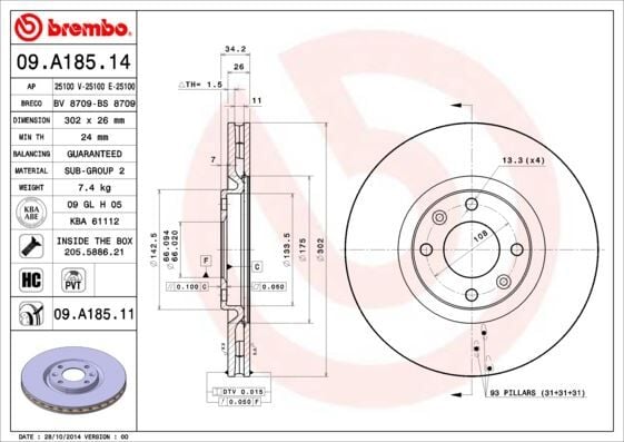 BREMBO 09A18511 ÖN FREN AYNASI CORSA F e 19> MOKKA e 20> 208 19> 2008 19> 308 07> 3008 09> 5008 09> C4 20> DS5 15> DS3 18> 302x34x4DL HAVALI - Görsel 1