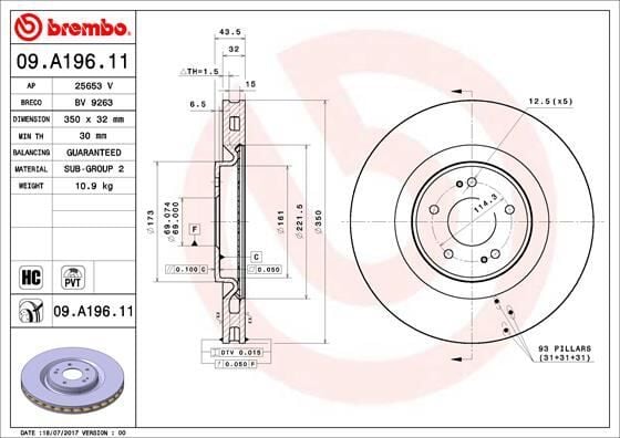 BREMBO 09A19611 FREN DİSKİ ÖN MITSUBISHI LANCER EVO X 2.0L 4B11 CZ4A 08-15 Adet disk fiyatıdır - Görsel 1