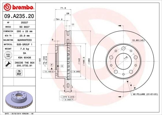 BREMBO 09A23520 ÖN FREN DİSKİ BOXER III JUMPER III DUCATO III 06> 15 JANT KUCUK 280x28x5DL HAVALI - Görsel 1