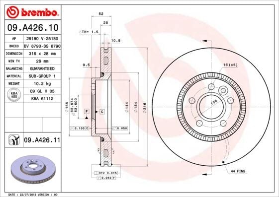BREMBO 09A42611 FREN DİSKİ ÖN FORD MONDEO/GALAXY-VOLVO S60/S80/V60/V70-LAND ROVER FREELANDER 2 07> ÇAP: 316mm. KALI NLIK: 28mm - Görsel 1