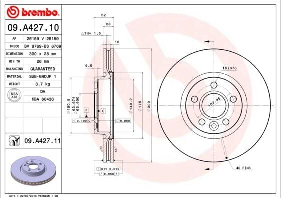 BREMBO 09A42711 FREN DISKI ON FORD MONDEO IV S-MAX . LAND ROVER FREELANDER II L359 RANGE ROVER EVOQUE L538 - Görsel 1
