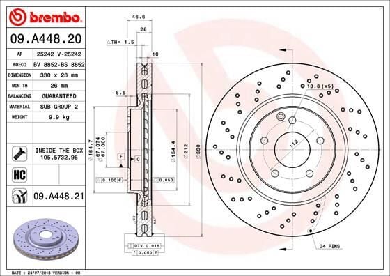 BREMBO 09A44821 FREN DISKI ON MERCEDES AMG W203 CL203 S203 C209 A209 R171 - Görsel 1