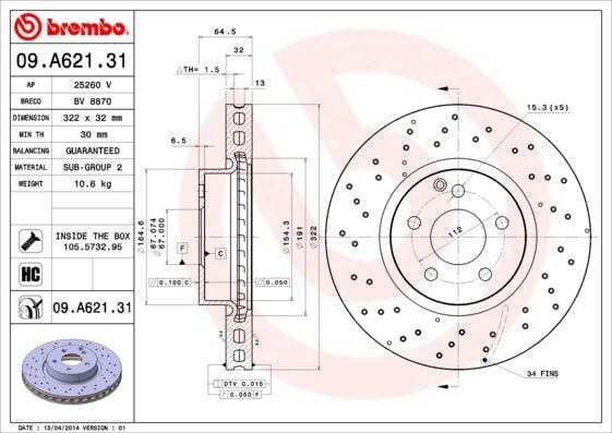 BREMBO 09A62131 FREN DISKI ON MERCEDES W204 S204 W212 S212 C207 A207 - Görsel 1