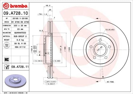 BREMBO 09A72811 ÖN FREN AYNASI VOLVO S40 2004-2012 C70 II 2006-2013 V40 2012 > V50 2004-2012 320 X5-DL - Görsel 1