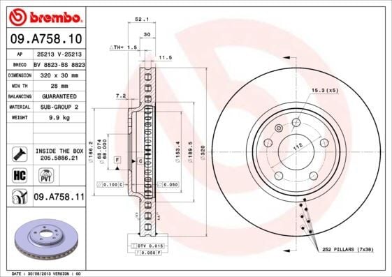 BREMBO 09A75811 ÖN FREN AYNASI HAVALI A4-A4 AVANT 1.8 TFSI/2.0 TFSI/2.0 TDI/2.7 TDI/3.0 TDI/3.2 FSI QUATTRO/S4 QUATT 986479468-DF6015S - Görsel 1