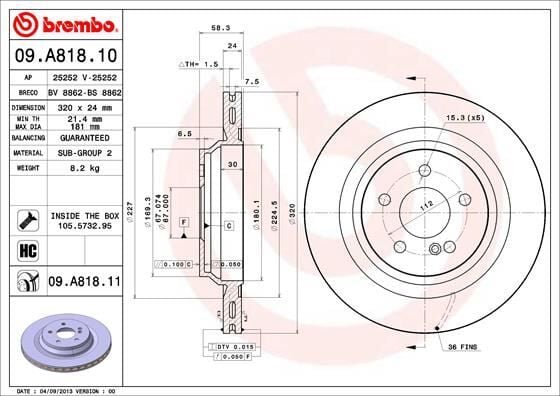 BREMBO 09A81811 FREN DISKI ARKA MERCEDES AMG W221 C216 W222 R230 - Görsel 1