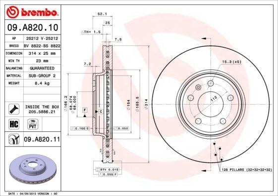 BREMBO 09A82010 ÖN FREN AYNASI HAVALI A4 8EC 2.0 TDI 06- A4 8K2 A4 AVANT 8K5 1.8 TFSI/1.8 TFSI QUATTRO/2.0 TFSI/2.0 986479467-DF4866S - Görsel 1