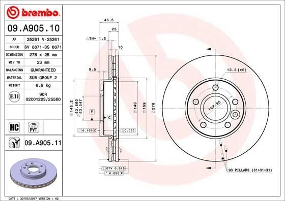 BREMBO 09A90510 ON FREN AYNASI DISK FOCUS III 11 FOCUS II 04>11 C MAX 03>07 VOLVO C30 06>12 C70 06>13 S40 II 04>12 V50 05>12 278x25x5DLxHVLI - Görsel 1