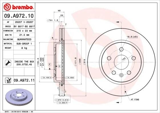 BREMBO 09A97210 ARKA FREN AYNASI INSIGNIA A 08> SAAB 9-5 YS3G 10> 17 JANT-18 JANT 315x22.9x5DLxHAVALI - Görsel 1