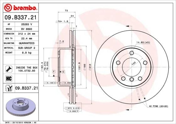 BREMBO 09B33721 FREN DISKI ON BMW F20 F21 F22 F23 E90 E91 E92 E93 F30 F31 F34 F35 F32 F33 F36 E84 - Görsel 1