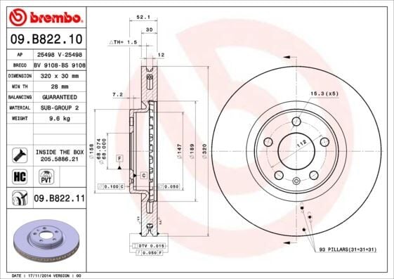 BREMBO 09B82211 ÖN FREN AYNASI A4-A5-A6-A7-Q5 320x30x28xHAVALI - Görsel 1