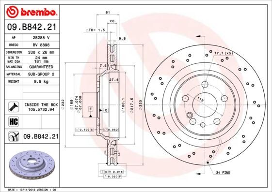 BREMBO 09B84221 FREN DISKI ARKA MERCEDES S-CLASS W220 S 55 AMG 02>05 - Görsel 1