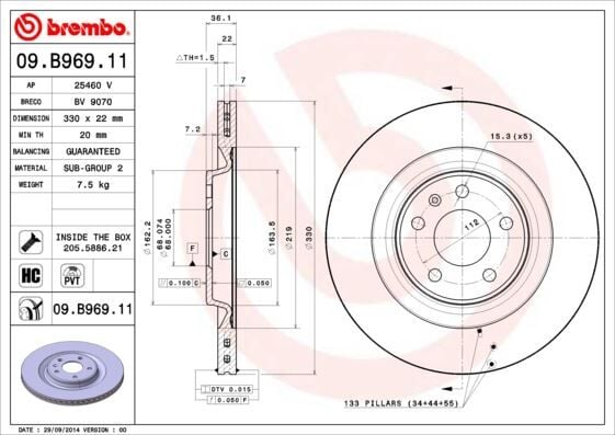 BREMBO 09B96911 ARKA FREN AYNASI TOUAREG 3.0TDI 17> A4-A5 1.8 TFSI-2.0 TDI 08> A6 2.0 TFSI-2.8 FSI 11> 330x22x5xHVLI 986479750-986479C86-DF6175S - Görsel 1